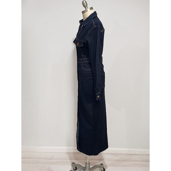 Zara Women's Dark Blue Gold Button Up Long Sleeve Maxi Denim Dress Size M - Picture 4 of 7